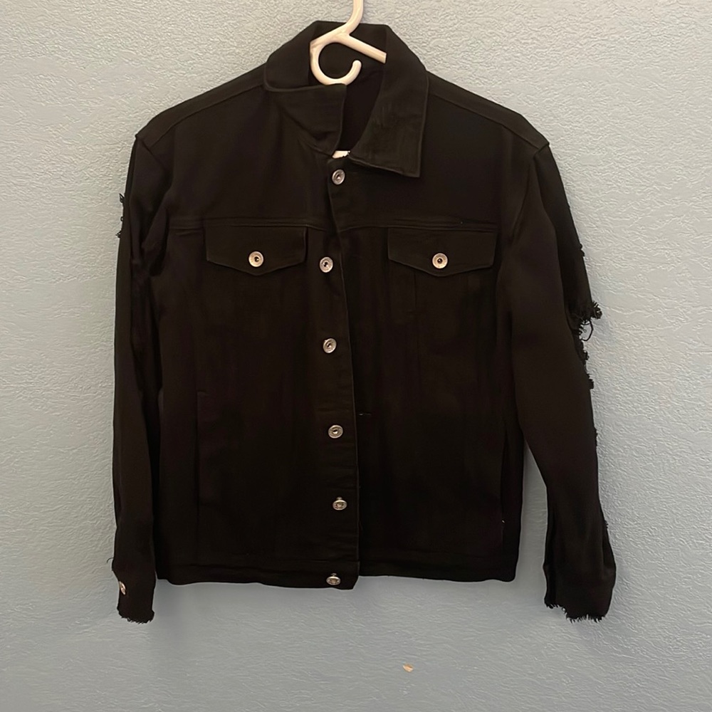 Ripped/Torn 80s Style Punk Black Jean Jacket Small/Tight fit